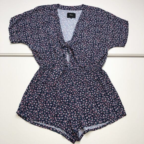 Rails Pants - RAILS Tie Front Romper Floral Minka Wildflower Relaxed Blue Short Sleeves Small